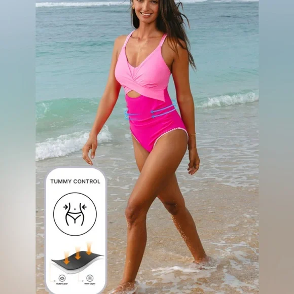 Pink Rose Red Ric Rac Trim Contrasted Cutout One Piece Swimsuit size 16 - Picture 2 of 11